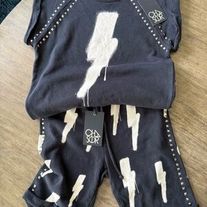 NWT Rare Chaser Black White Lightning Bolt Shorts and Shirt Set Size Small